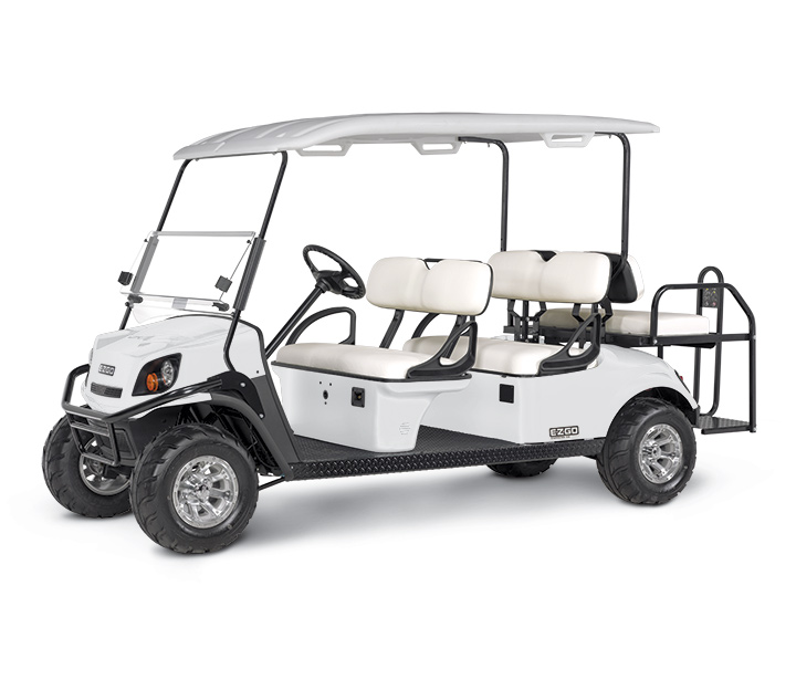 White E-Z-GO® 6-passenger golf cart with a white roof in front of a white background.