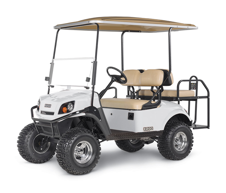 White E-Z-GO® 4-passenger golf cart with a tan roof in front of a blank white background.