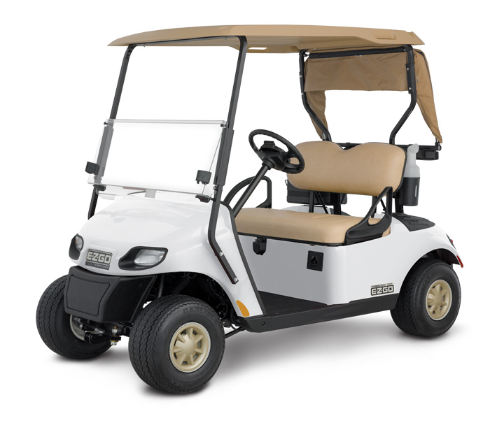 White E-Z-GO® 2-passenger golf cart with a tan roof against a blank white background.